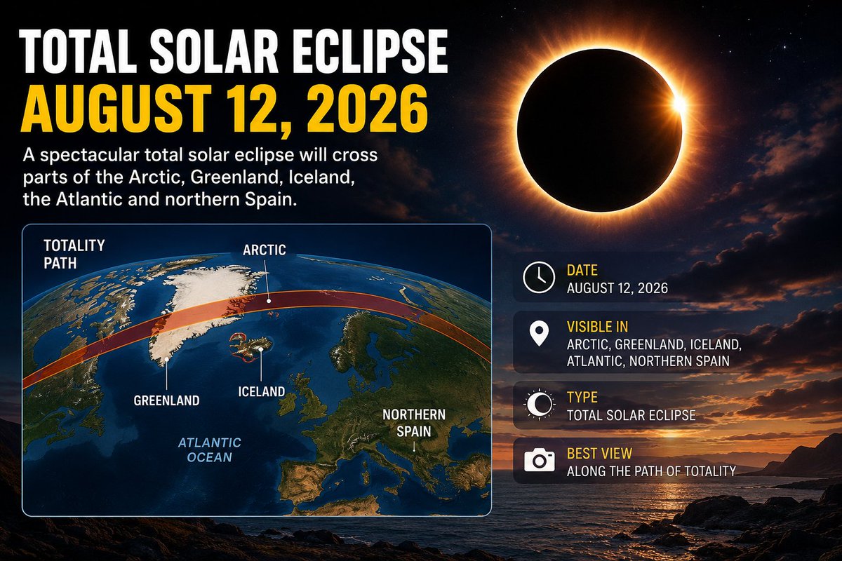 Autumn_Ford356's tweet photo. Solar eclipse tomorrow: A major total solar eclipse is scheduled for August 12, with the totality path crossing parts of the Arctic, Greenland, Iceland, the Atlantic and northern Spain. � https://t.co/WE8g8bzXyd