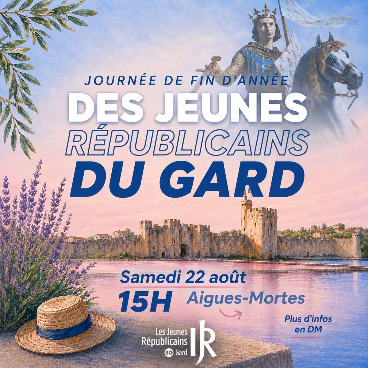 JeunesRepsGard's tweet photo. Journée de fin d’année des Jeunes Républicains du Gard !

📍 Aigues-Mortes
📅 Samedi 22 août
🕒 Dès 15h

🇫🇷 Une journée pour se retrouver, échanger et faire vivre nos convictions sur le terrain.

👉 Tu veux participer ? Écris-nous en DM ! https://t.co/kmN3QcrC3l