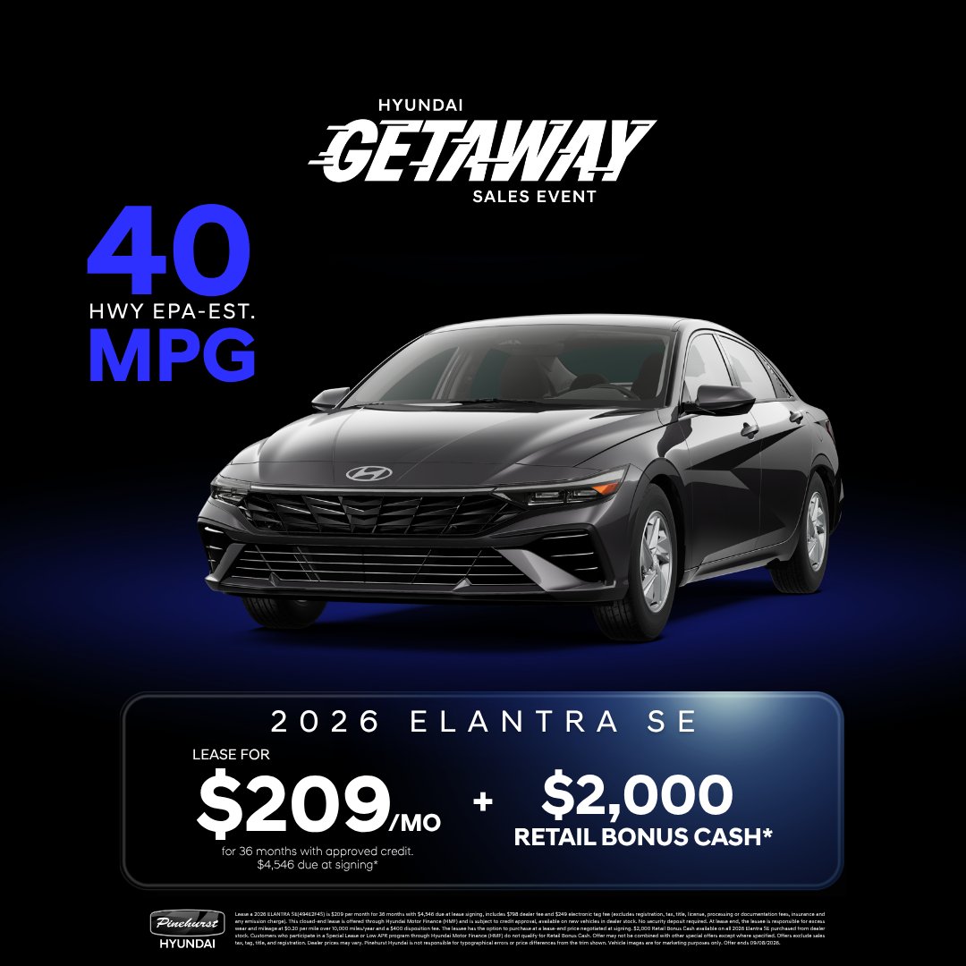 PineHyundai's tweet photo. There's never been a better time to upgrade. Explore special offers on select new Hyundai models and find the perfect combination of value, technology, and reliability at Pinehurst Hyundai

https://t.co/B9XCBn4Tw3

#PinehurstHyundai #Pinehurst #Hyundai #HyundaiElantra #Elantra https://t.co/3x4QptrSwv