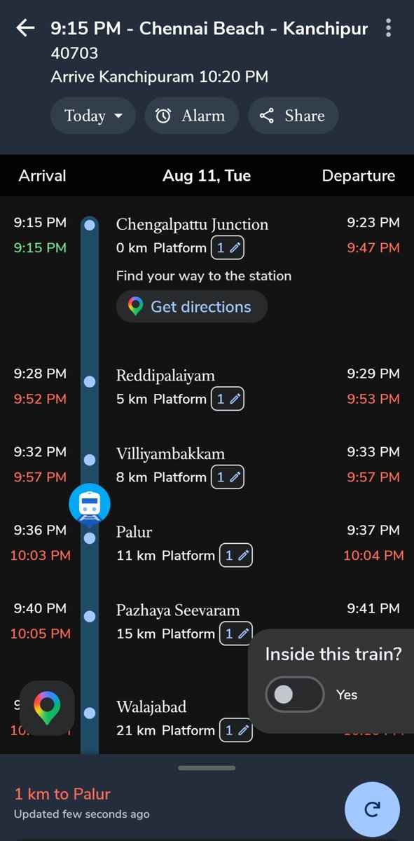 aarvi98's tweet photo. Dear @GMSRailway @DrmChennai,
This is a serious concern regarding the Kanchipuram–Chengalpattu section tonight. As shown in the attached screenshots, the regular passenger train has been delayed significantly while another train is already at the station, another is being held https://t.co/XlVuULKPW8