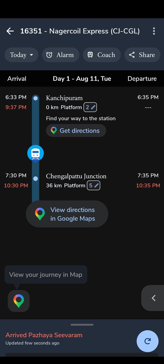 aarvi98's tweet photo. Dear @GMSRailway @DrmChennai,
This is a serious concern regarding the Kanchipuram–Chengalpattu section tonight. As shown in the attached screenshots, the regular passenger train has been delayed significantly while another train is already at the station, another is being held https://t.co/XlVuULKPW8