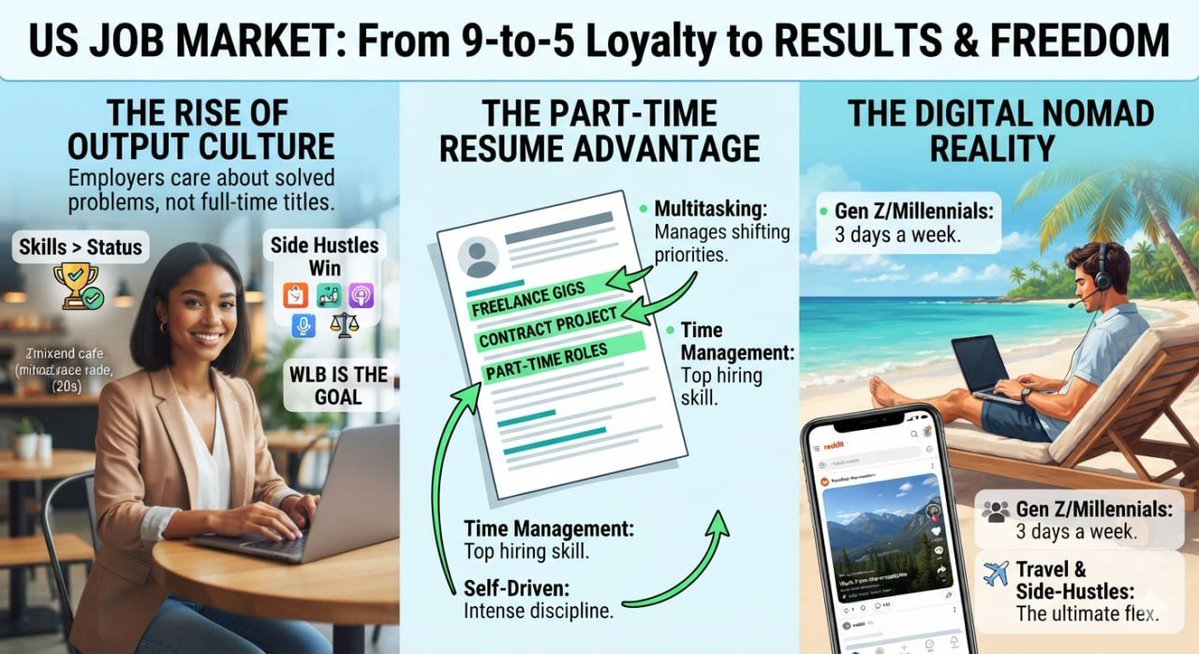 Chloe_AAA1's tweet photo. The US job market has officially shifted from 9-to-5 loyalty to results and freedom. 🧵 👇💼 
The Rise of Output Culture
-Skills > Status: Employers care about solved problems, not full-time titles.
-Side Hustles Win: Multiple income streams prove high adaptability and value.
-WLB is the Goal: Toxic hustle culture is out; smart, flexible work is in.

📝 The Part-Time Resume Advantage
Listing freelance, contract, or part-time work is now a major green flag:Multitasking: 
-Proves you can manage complex, shifting priorities.
-Time Management: The top skill US hiring managers ask about.
-Self-Driven: Shows intense discipline and high autonomy.

📱 The Digital Nomad RealityTikTok and Reddit are flooded with Gen Z/Millennials working 3 days a week.They spend the rest of the time traveling or side-hustling.
It is no longer a "lack of stability"—it is the ultimate professional flex.
