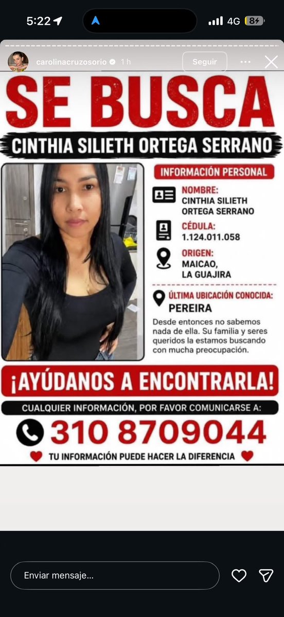 UltimaHoraCR's tweet photo. #ATENCIÓN | Familiares buscan a Cinthia Silieth Ortega Serrano, originaria de Maicao, La Guajira, y cuya última ubicación conocida fue en Pereira tras el terremoto de 7,4.

Cualquier información sobre su paradero, comunicarse al número telefónico 310 8709044.

 https://t.co/74tpxZAsmP