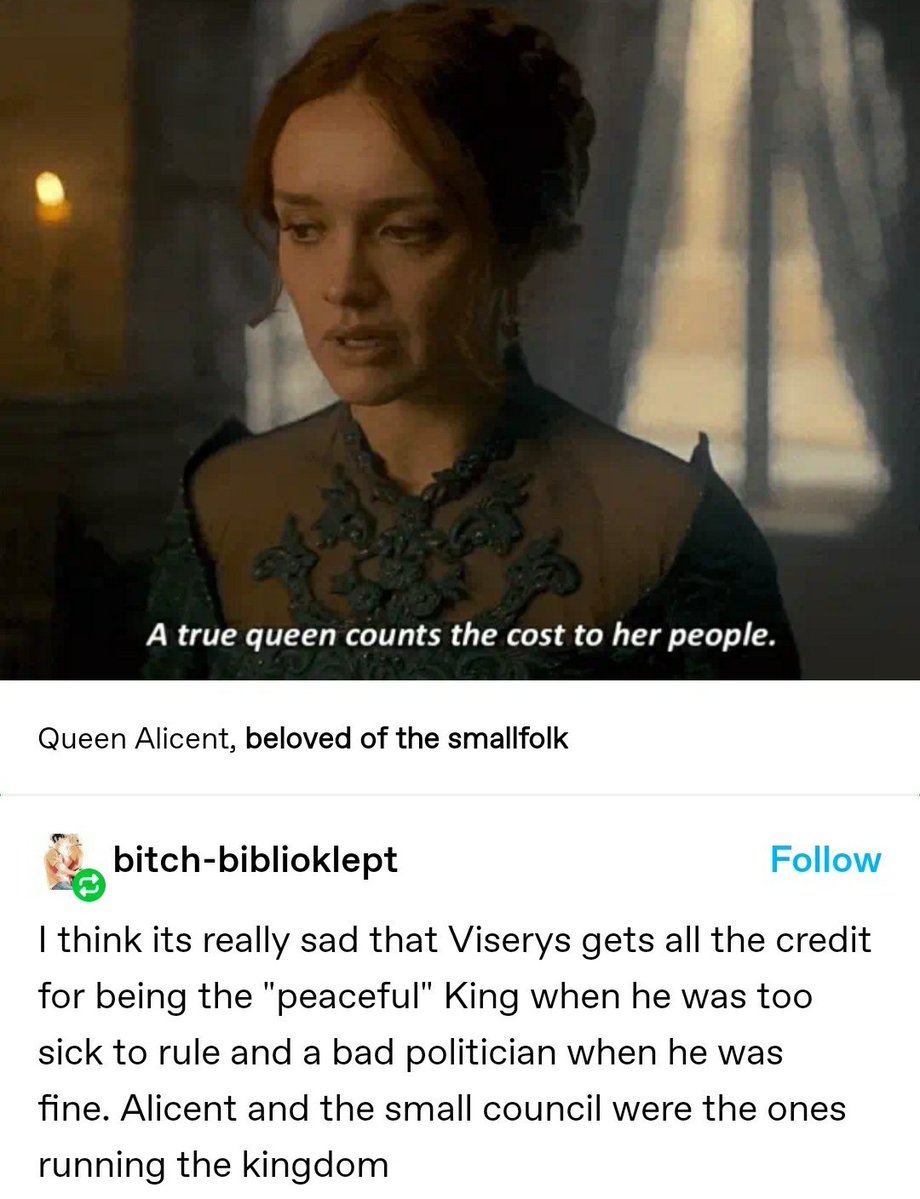 elumaxluv's tweet photo. they're mad but he's right cause who was right about everything this season with nobody listening ALICENT. who ruled instead of viserys for YEARS only for viserys to get called "The Peaceful" ALICENT https://t.co/xP99Ojrt4D