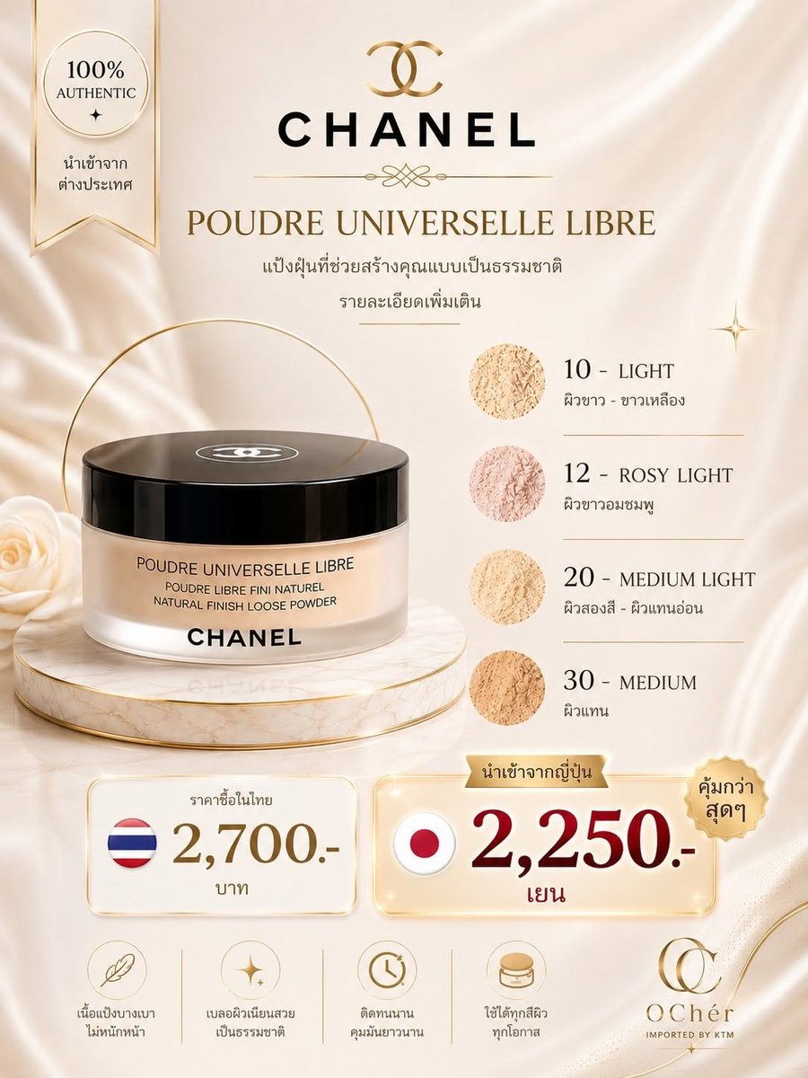 OCherByKTM's tweet photo. 📷 CHANEL POUDRE UNIVERSELLE LIBRE 📷

มีให้เลือกถึง 4 เฉดสี
📷 นำเข้าจากญี่ปุ่น 2,250 เยน

📷 สนใจเฉดไหน / ต้องการเช็กสินค้า
ทัก Inbox หา OChér By KTM ได้เลยค่ะ 📷

#CHANEL #ChanelBeauty #ChanelMakeup #PoudreUniverselleLibre #แป้งฝุ่นChanel #เครื่องสำอางChanel https://t.co/W8lL2cexNi