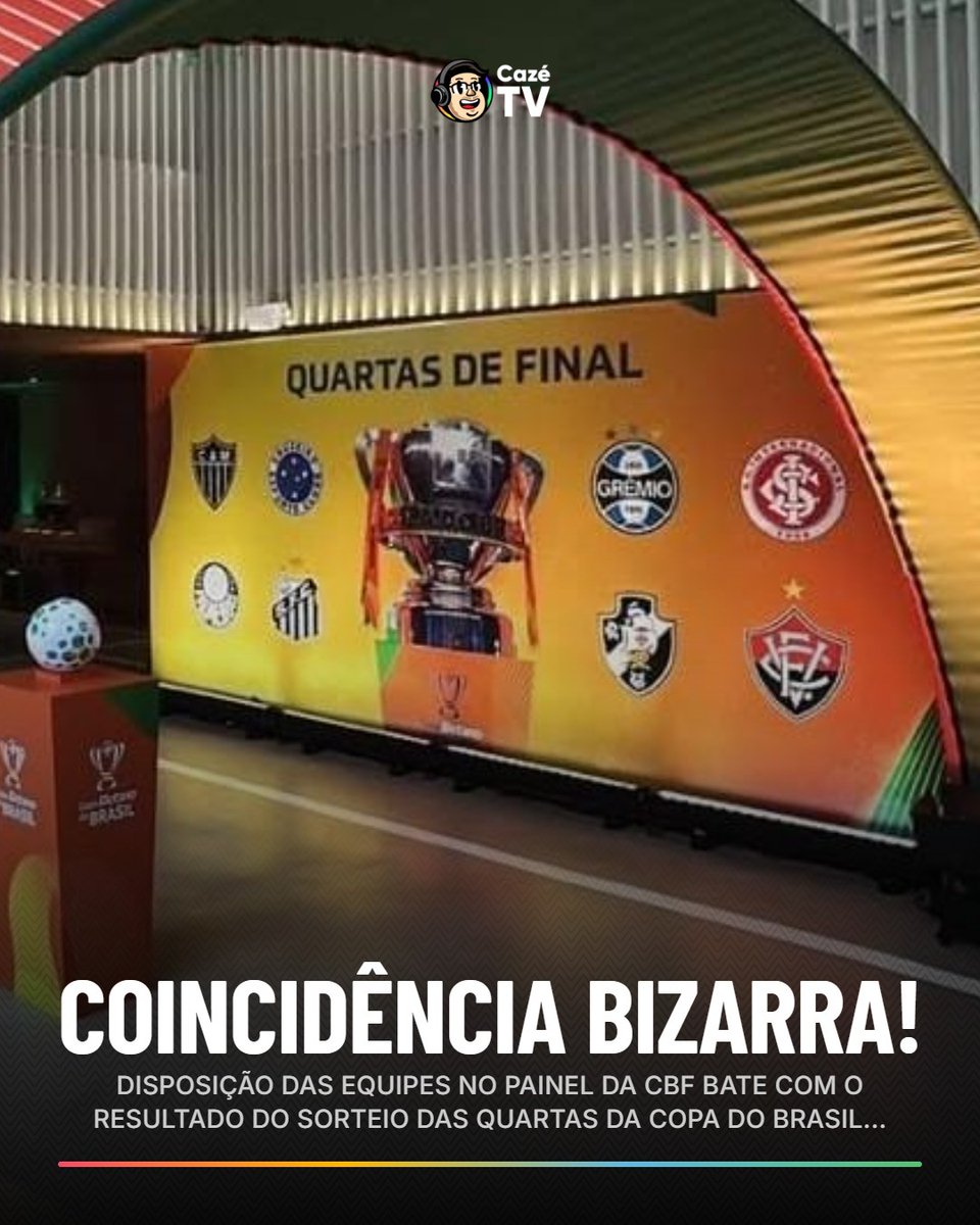 CazeTVOficial's tweet photo. ISSO AQUI VAI DAR O QUE FALAR… 👀👀👀👀

Dá só uma olhada no painel na sede da CBF para o sorteio das quartas da Copa do Brasil. A disposição das equipes está em ordem alfabética e, coincidentemente, bateu certinho com o resultado do sorteio.

O que achou? 🤔 https://t.co/bGxfr91S2c
