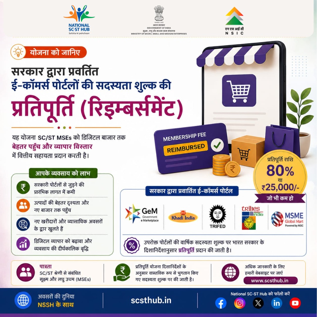 scsthub's tweet photo. 🚀 SC/ST MSEs के लिए बड़ा अवसर!
सरकारी ई-कॉमर्स पोर्टलों की सदस्यता शुल्क पर पाएं 80% तक या ₹25,000 (जो भी कम हो) की प्रतिपूर्ति।
डिजिटल बाजार से जुड़ें और व्यवसाय बढ़ाएं।
🔗 https://t.co/sW7zRLoySF #MSME #NSIC @NSICLTD @minmsme https://t.co/OzMUPOrwbm