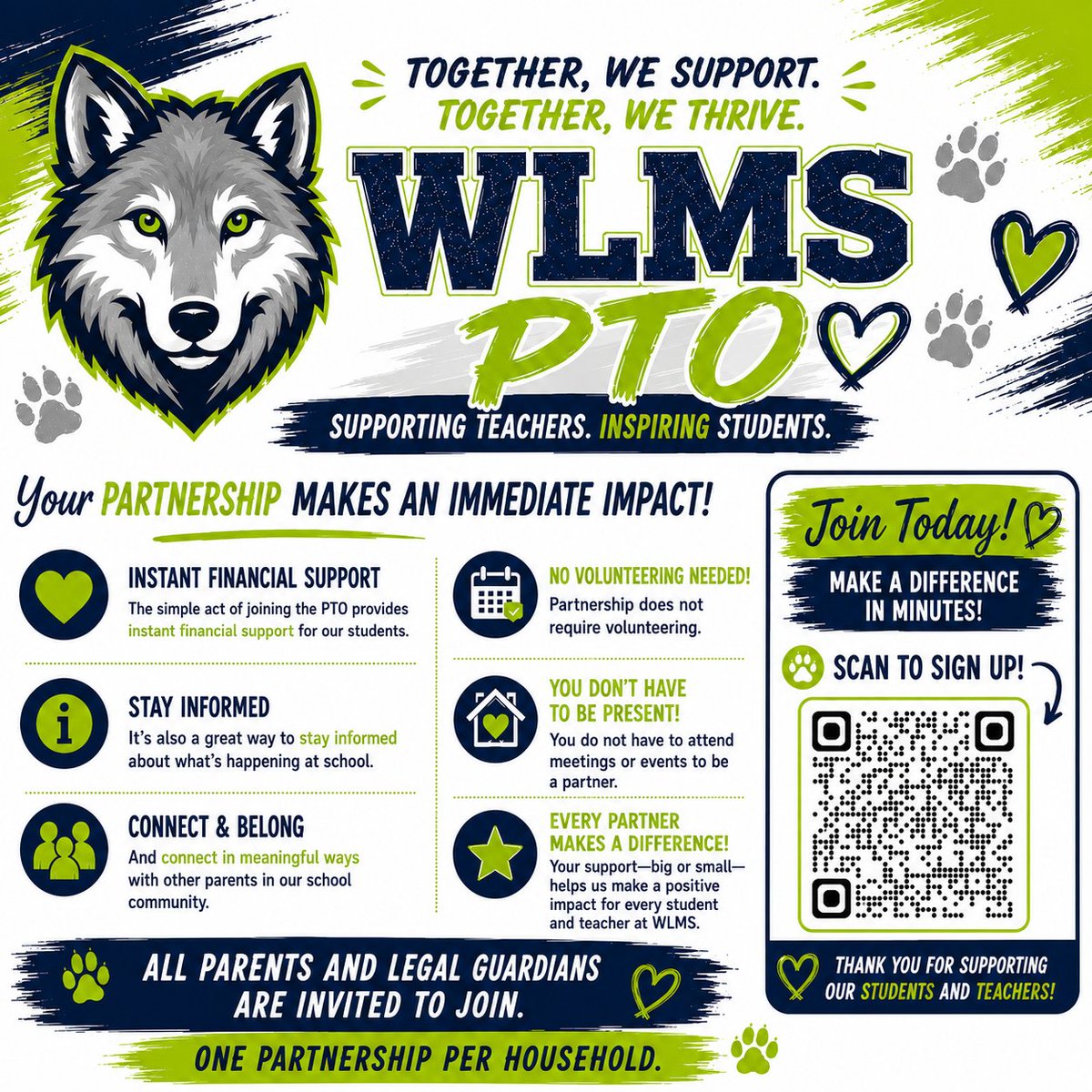 WLMSWolvesPTO's tweet photo. Get your PTO Partnership Dues paid today! You will get access to email updates, our school directory, &amp; purchase spirit wear, dance tickets or other event items this year. Your $10 partnership helps the PTO serve the students &amp; teachers of WLMS in the best ways we can! Thank you! https://t.co/NxFap5xKEo