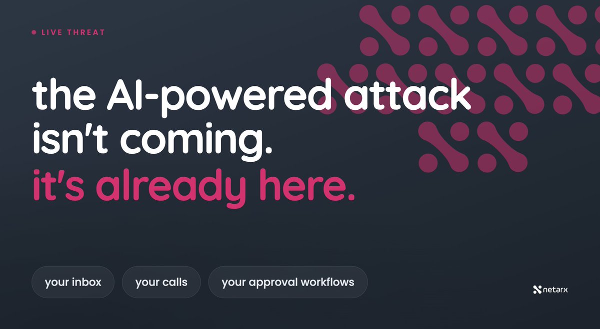 netarxllc's tweet photo. 1/ The AI-powered attack isn't coming. It's already here. In your inbox, on your calls, in your approval workflows.
#Cybersecurity #Deepfakes #AISecurity https://t.co/L5O15Gthid