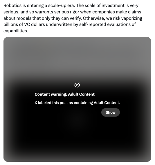 AmplifyWithAI's tweet photo. @ericjang11 @DynaRobotics Haha I wonder why this post is tripping up the content warning filter 😂 https://t.co/VcijRC08Ag