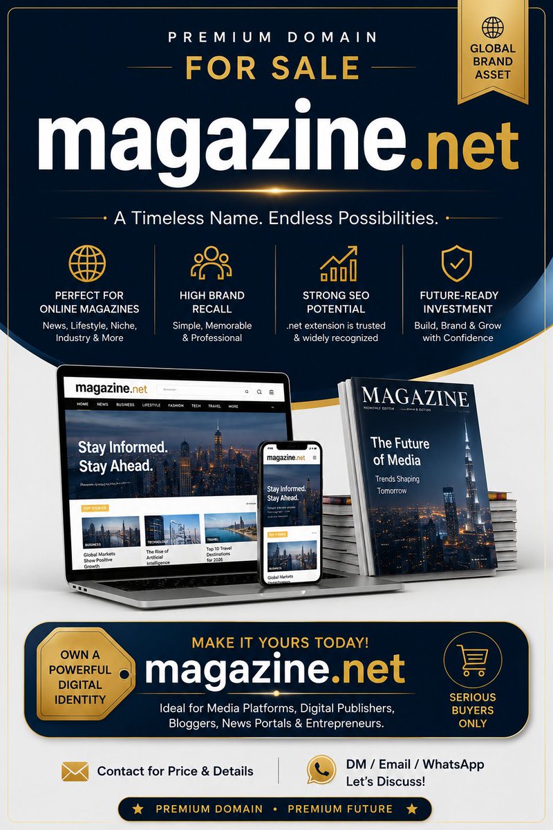 go4domain's tweet photo. https://t.co/Jc0SuPic3h Domain Name for Sale 💥
#Magazine #DomainForSale #PremiumDomain #DomainName #DigitalAsset #BrandableDomain #PremiumDomains #DomainInvestor #DomainInvesting #MediaBrand #OnlineMagazine #NewsPortal #DigitalMedia #BrandName https://t.co/zbi2ycA0wo