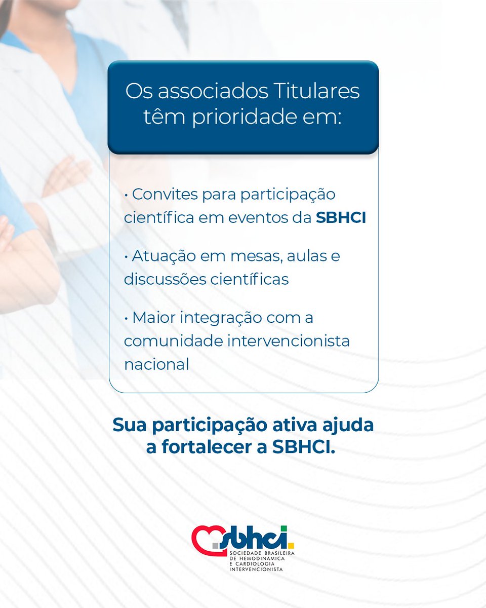 sbhci's tweet photo. Ser um associado Titular da SBHCI é dar um passo decisivo na sua carreira. Além de conquistar o devido reconhecimento profissional na especialidade, você amplia sua presença e protagonismo nas principais iniciativas científicas do país.

Saiba mais: https://t.co/1pSjx9aMXg https://t.co/QLicVDFUjv