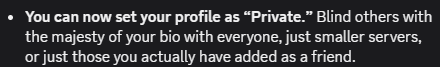 Sm4shCloud's tweet photo. Is it me or is this literally the most chronically online thing Discord has added, in what world do you need your profile privated unless you have yourself doxxed in your bio I dont get it https://t.co/dewheP5MXs