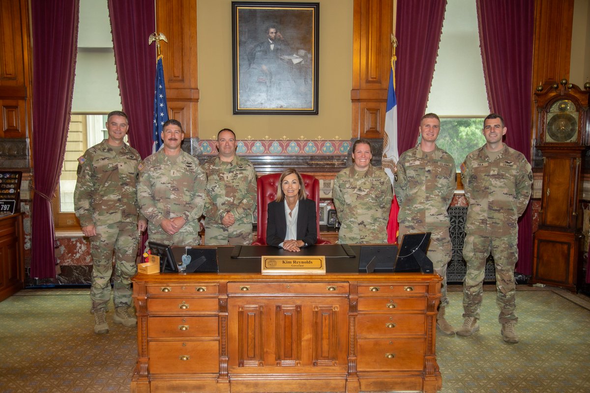 IAGovernor's tweet photo. In January, I had the privilege of meeting these brave Iowans of the Operational Support Airlift Command on deployment in the Middle East.

Today, we celebrate the successful completion of their mission and give thanks to God for their safe return! https://t.co/rhHXF3bXlm