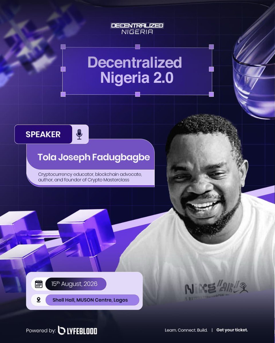 connectwithtola's tweet photo. 🌍 The future of Web3 is being shaped in Africa.

This Saturday, I will be speaking at the Decentralized World event, which is bringing builders, investors, policymakers, creators, and Web3 leaders together in Lagos to explore the next chapter of blockchain, AI, and decentralised technology.

📍 Location: Muson Centre, Lagos
📅 Date: August 15, 2026
⏰ Time: 10 am
🌍 Website: https://t.co/1vVC9ER8A8

🎫 I will also be giving out 20 FREE TICKETS to the event!

To stand a chance of getting one, simply repost this post and drop a comment.

You’ll receive your free ticket upon your arrival at the event. 🔥

Good luck! 🌸