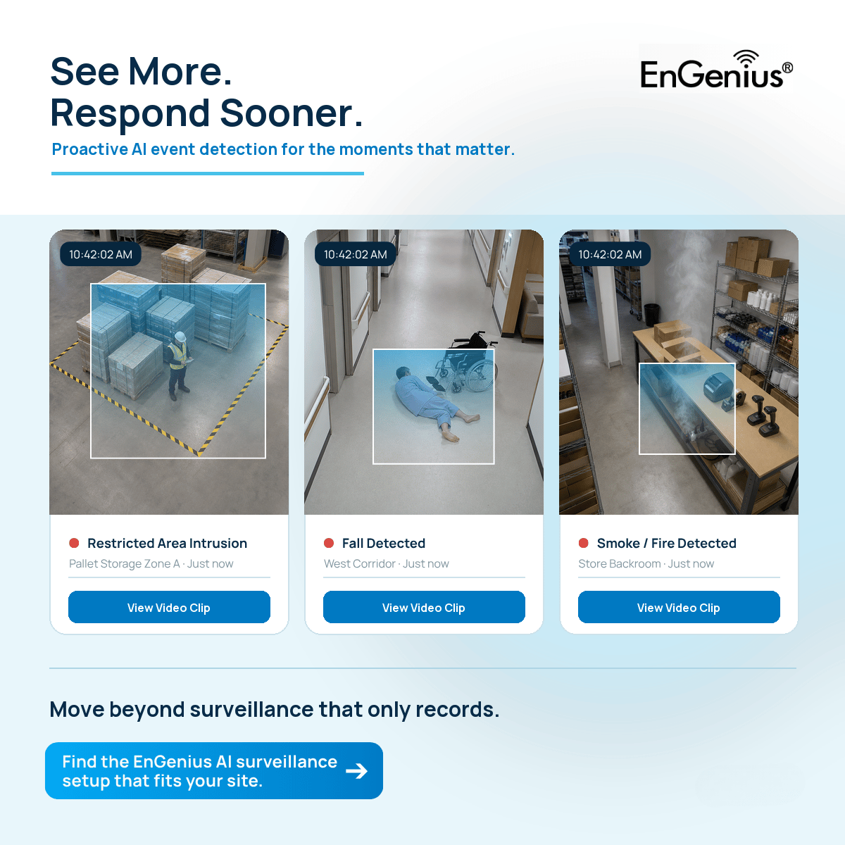 EngeniusTech's tweet photo. Security incidents need more than footage after the fact.

EnGenius AI Cloud Surveillance uses edge and cloud AI to detect supported events, such as activity in restricted areas, and send proactive alerts for faster response.

Learn more: https://t.co/f2koXWbYQV https://t.co/Vr83pxTaVP