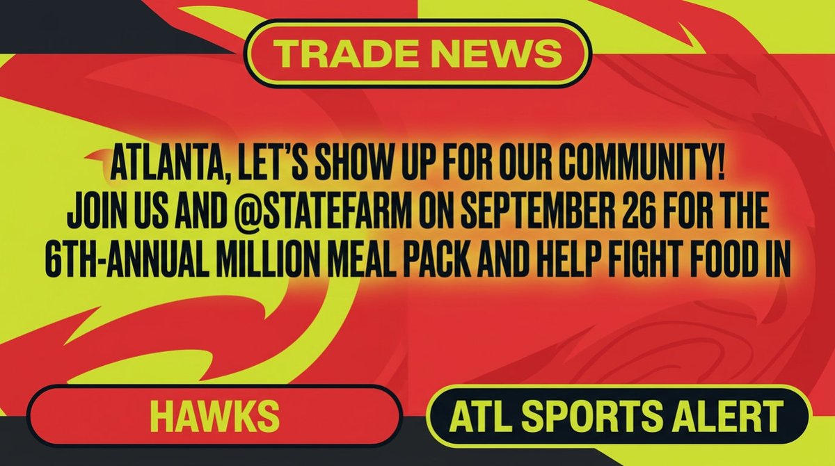 404SportsGang's tweet photo. Atlanta, let's show up for our community! Join us and @StateFarm on September 26 for the 6th-annual Million Meal Pack and help fight food insecurity one meal at a time. Sign up to volunteer:

per @ATLHawks

#Hawks #TrueToAtlanta #NBA https://t.co/fZe1W2RFkb
