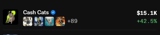 NFTsAreNice's tweet photo. My cashcats nft trade so far 

$1.3k -> $15.1k

I have that feeling Im gonna make 6 figs on them https://t.co/9SUwb1wpuP