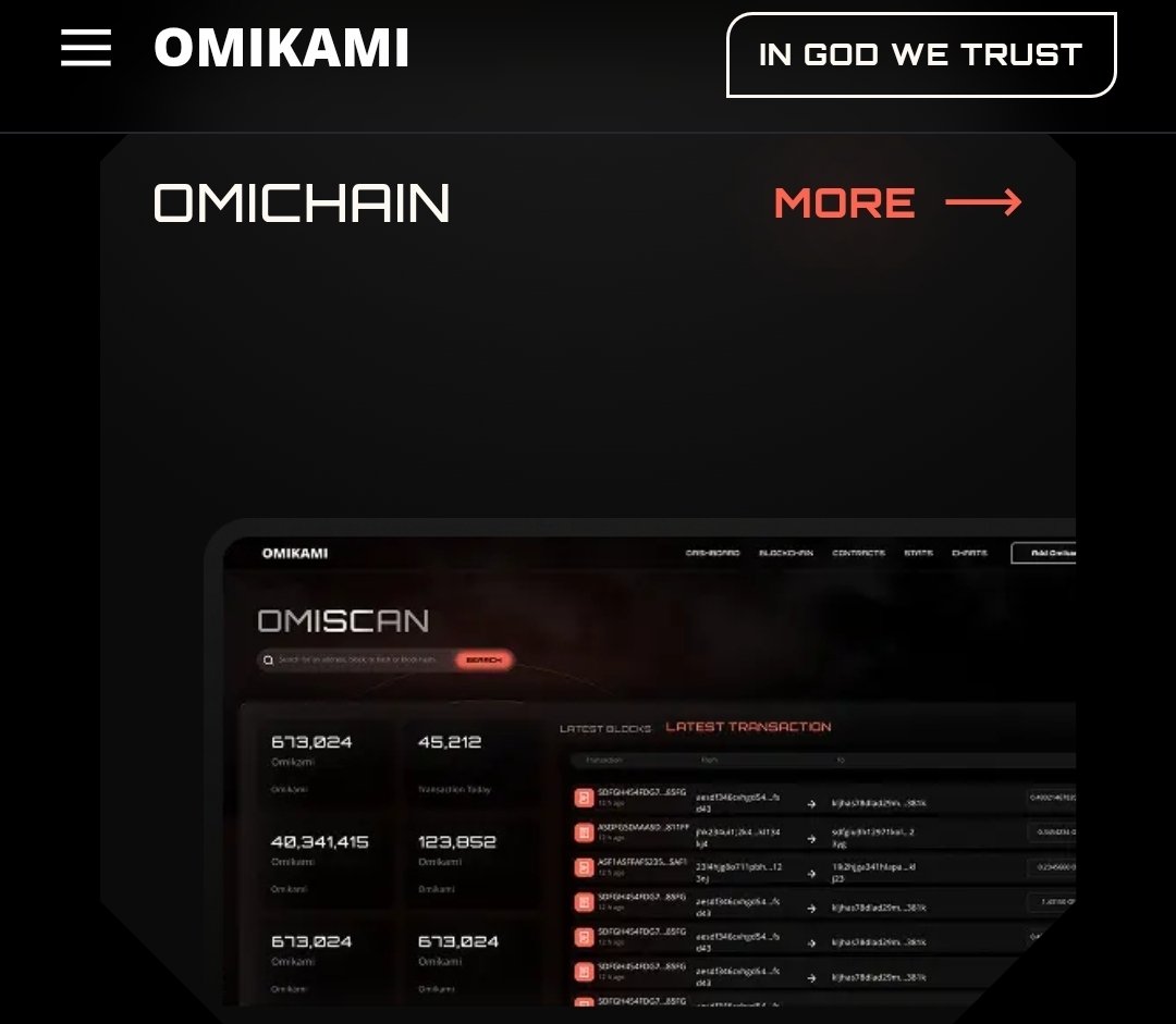 J_upnorth's tweet photo. Omikami has it's own blockchain with the name OmiChain, - what is a Layer 1-platform.

The successful and trending Robinhood is now a Layer 2 platform under the Ethereum Layer 1, and has roughly 28 million customers globally.

In the future we will see alot of projects coming in under OmiChain, what will create a huge Omikami value.
Omikami by Ryoshi will melt faces 🟧

OmiChain:
-Omikami Chain is a Layer 1 blockchain designed for security, decentralization, and high transaction speeds.
-Super Fast Transactions
-Enjoy swift transfers with reduced fees, minimizing wait times.
-Enhanced Security
Network security scales with an increased validator count.
-Scalability
-Capable of processing up to 4,500 transactions per second, providing one of the fastest solutions on the market.