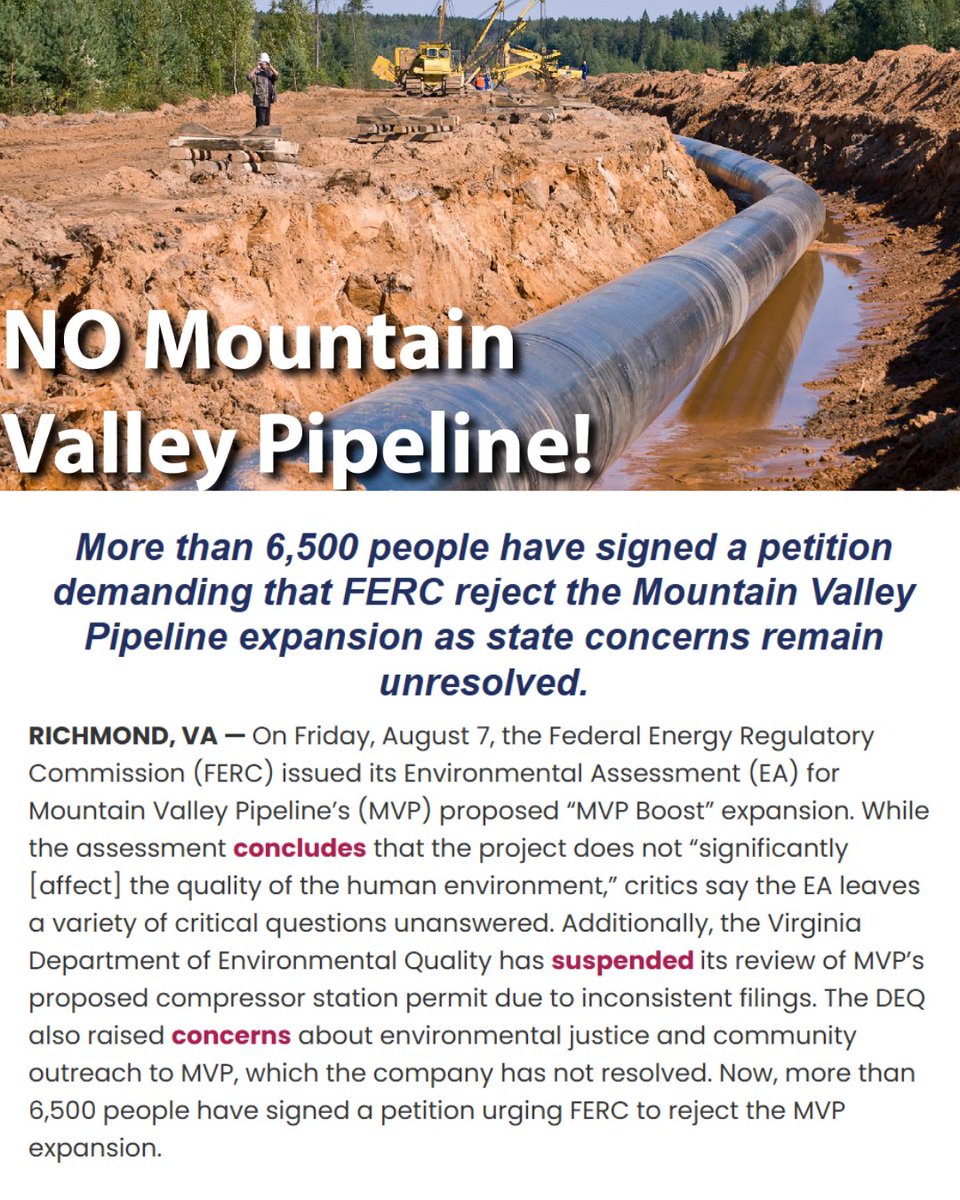 CCAN's tweet photo. More than 6,500 people are calling on FERC to reject MVP Boost! Virginia DEQ has paused its review of a permit and FERC should respect Virginia’s unresolved concerns and reject MVP Boost. Read the full story: https://t.co/57vyqGHINC
#NoNewFossilFuels #EnvironmentalJustice #NoMVP https://t.co/8oQypGhTsE