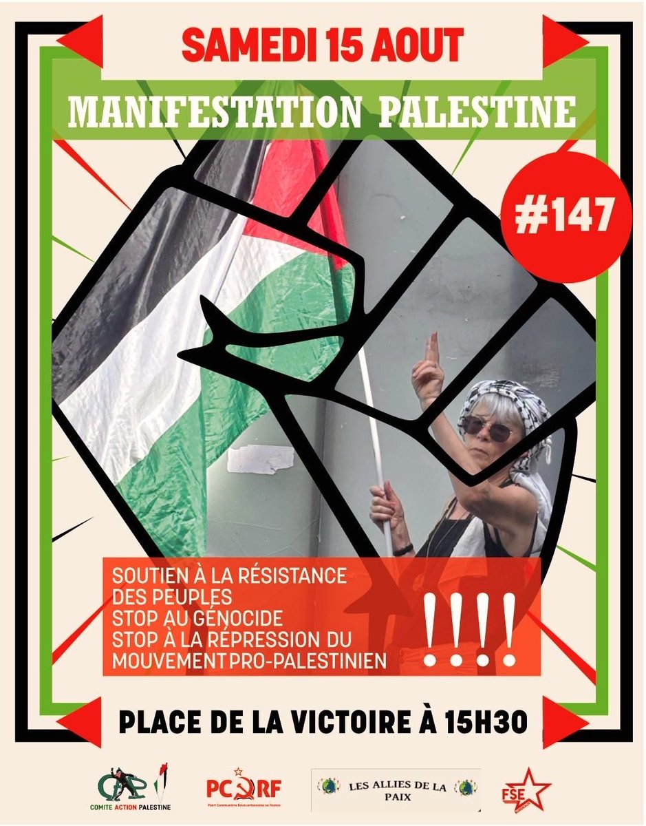 ComiteAction's tweet photo. Samedi  15 Août 2026
Le CAP organise sa 147e manifestation en soutien à la noble cause du peuple 🇵🇸 et de tous les peuples opprimés par l’ impérialisme américano-sioniste 
RDV  ⤵️
⏰ 15h30
📍Place de la Victoire . Bordeaux 
34 mois de Génocide à Gaza 
#Gaza #Bordeaux https://t.co/V06KU3ZEYm