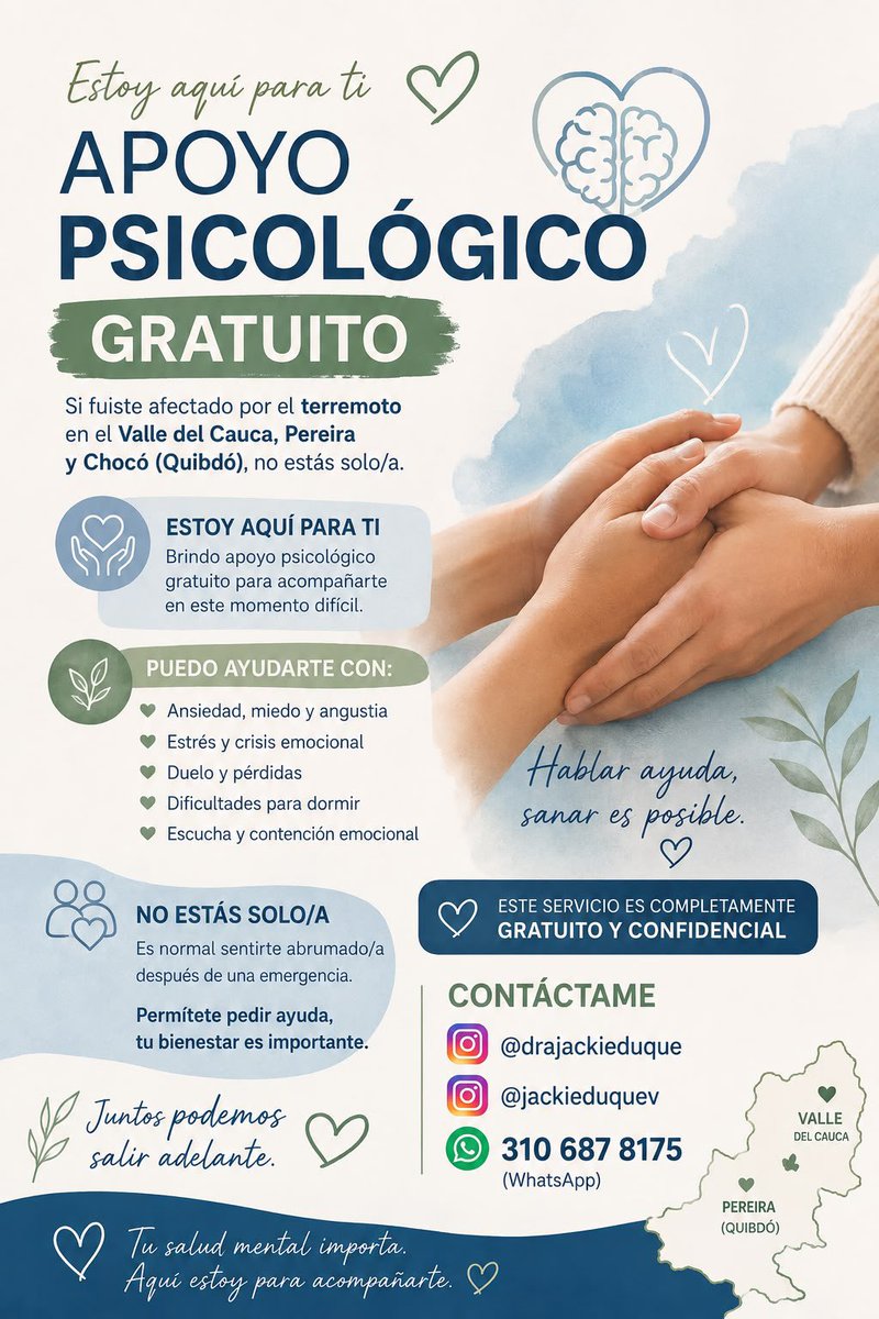 yeimyxcarocali's tweet photo. Por favor, difundan esta información para todas las personas afectadas por el terremoto en Chocó, Valle del Cauca y el Eje Cafetero. Prioricemos la salud mental y el apoyo a quienes están atravesando momentos de mucho miedo, ansiedad y nervios. Brindemos acompañamiento ya calma https://t.co/0dtXTBVDVr
