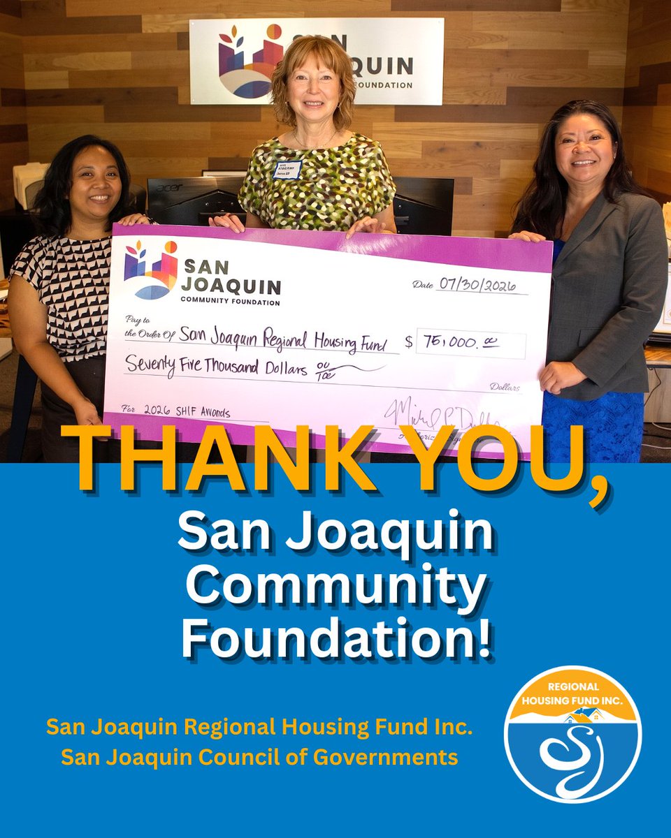 SJCOG's tweet photo. Thank you to the San Joaquin Community Foundation for its Stockton Housing Innovation Fund contribution to @SJCOG’s San Joaquin Regional Housing Fund Inc.! We appreciate it! Learn more about the housing fund: https://t.co/epysoeBiPe.
#SJCF
#SHIF
#AffordableHousing
#Housing https://t.co/s4cOEaV9ae
