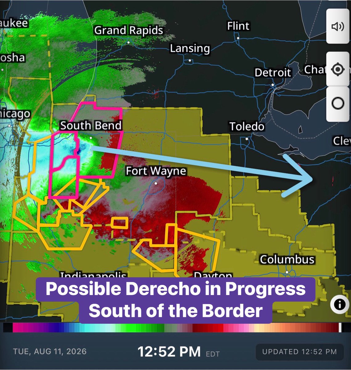 IWeatherON's tweet photo. #ONStorm #ONwx WOW! A possible derecho is currently underway across portions of Illinois and Indiana, with blanket tornado warnings being issued along the leading edge of this powerful storm complex.

Radar velocity data is estimating wind gusts in excess of 150 km/h in parts of the complex as it races eastward towards the South Bend area. Based on its current track, this complex could come fairly close to the Lake Erie region over the next several hours.

The latest model data continues to keep the main complex well south of Southern Ontario. However, we can’t completely rule out additional storms developing along the northern side of the system across southern Michigan. If that happens, some of those storms could eventually clip portions of Essex County later today.

Environment Canada currently has Essex County under a ‘moderate’ risk for thunderstorms today, with potential hazards including wind gusts up to 90 km/h and up to toonie-sized hail.

At this point, there is no indication that the intense winds currently being observed across Illinois and Indiana will make it into our region. The main thing we’ll be watching is whether any new storms can develop farther north as the complex continues southeastward.

We’ll be watching this very closely over the coming hours and will keep you updated if there are any developments that could pose a threat to our region.

- Brennen