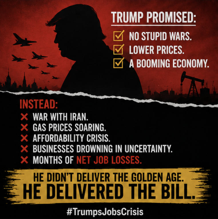 mjfree's tweet photo. Trump promised:
- NO STUPID WARS.
- LOWER PRICES.
- A BOOMING ECONOMY.

Instead we got:
- War with Iran.
- Gas prices soaring.
- An affordability crisis.
- Businesses drowning in uncertainty.
- And months of NET JOB LOSSES.

He didn't deliver a fucking Golden Age.
He delivered the massive bill to the American people.
#TrumpsJobsCrisis