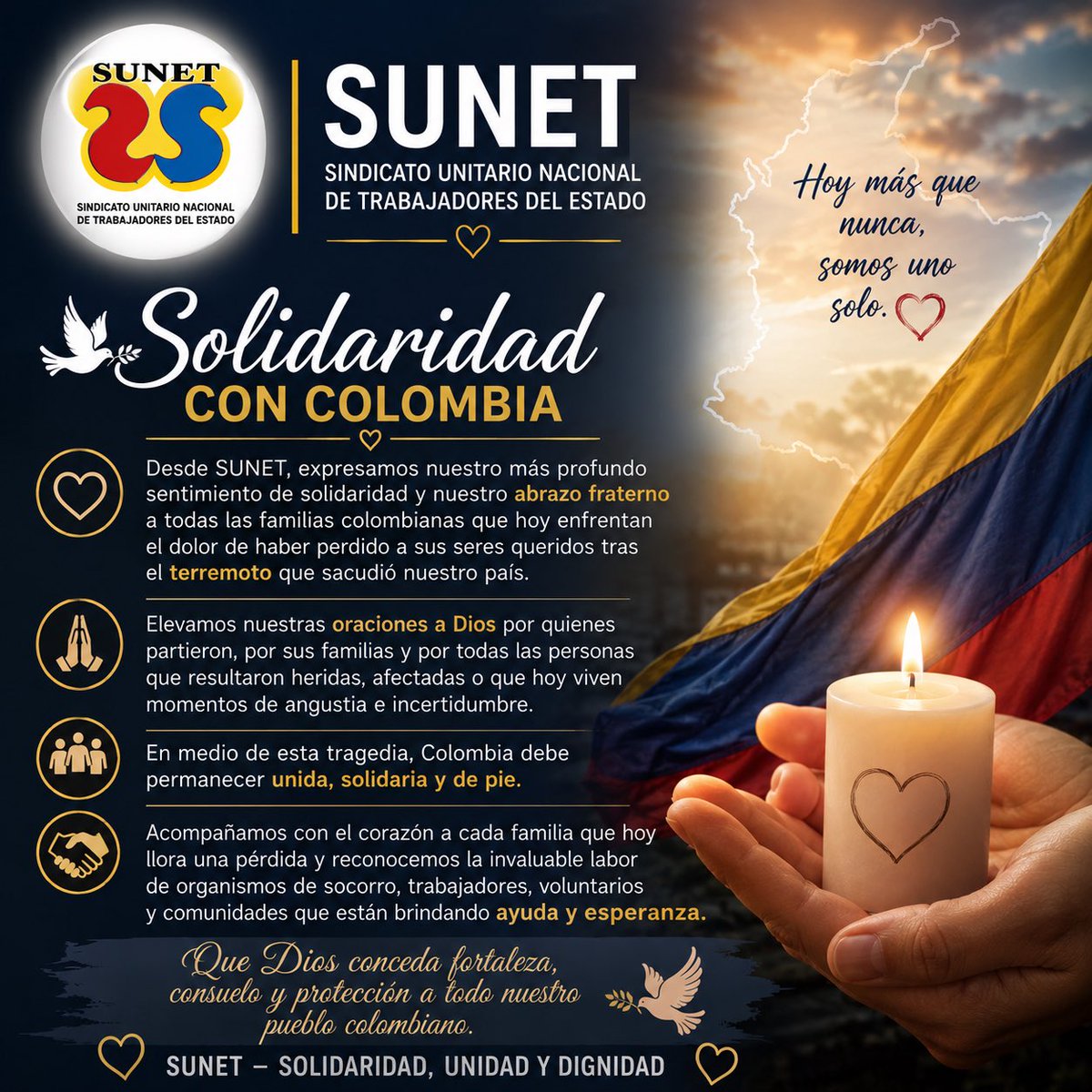 sunetcolofc's tweet photo. Desde @sunetcolofc expresamos nuestra profunda solidaridad y abrazo fraterno a todas las familias colombianas que hoy enfrentan el dolor por las pérdidas ocasionadas por el terremoto.

Elevamos nuestras oraciones por las víctimas, sus familias y todas las personas afectadas. 🙏🏻 https://t.co/mwgNwNwPyC
