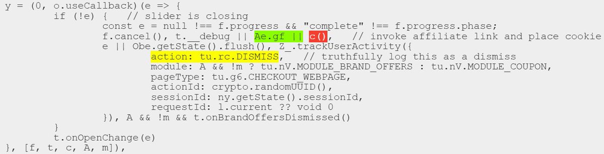 bgedelman's tweet photo. On mobile, shopping app Phia treated X and swipe-away as grounds to invoke an affiliate link. Code below. Also Phia auto-reopened affiliate links periodically so it would be last click. Forced clicks, contrary to network rules and contract. Details at https://t.co/V2Ev7MEE7y https://t.co/twnS4WI56I