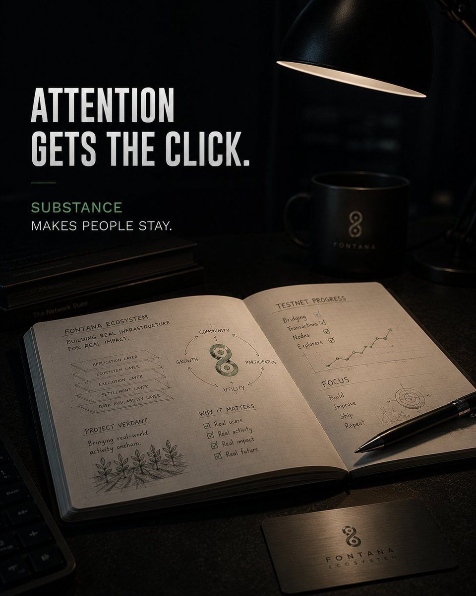 Web3_Gangster01's tweet photo. A lot of Web3 content is built to get a reaction.

But getting someone to actually care is a different thing.

People don’t need another project telling them they’re building something revolutionary.

They need a reason to understand what’s being built and why it actually matters.

That’s where I think @FontanaEcoTem has an interesting story to tell.

There’s the infrastructure, the testnet, the growing ecosystem, and initiatives like Project Verdant bringing real-world activity into the picture.

The challenge isn’t just getting people to notice FONTANAECOSYSTEM.

It’s giving them enough substance to make them curious enough to stick around and learn more.

Attention might get you the first click.

A strong story gives people a reason to stay.