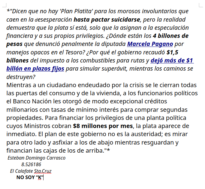 esteban68594414's tweet photo. @_SantaCruzAr Frente a las tragedias que causa la crisis y la respuesta fría del gobierno, los datos demuestran que la austeridad es solo para los de abajo. Les comparto mi descargo completo. 👇#NoHayPlata #CastaPolitica #MarcelaPagano # https://t.co/WfrwdeNRDD