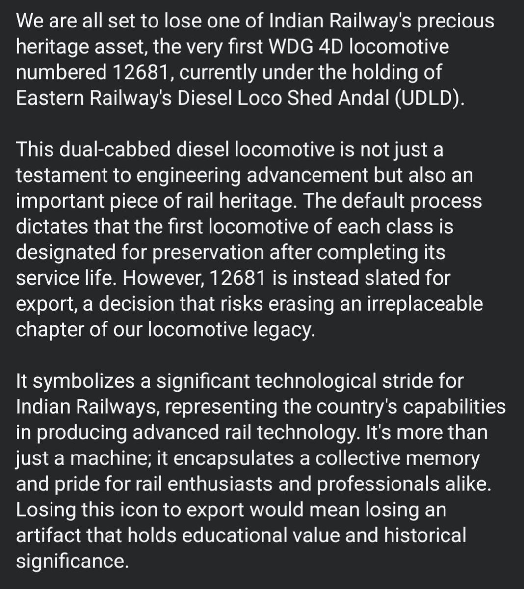 alcofleetir's tweet photo. The first WDG 4D of IR, 12681, which is also the 1st dual cab Goods HHP loco of IR, will be exported. Support us in our campaign to keep this loco in India as a Heritage Locomotive, by signing the petition (https://t.co/Q6vbnPhCAK)

@RailMinIndia @AshwiniVaishnaw @RITESLIMITED https://t.co/uy56VkJSRJ