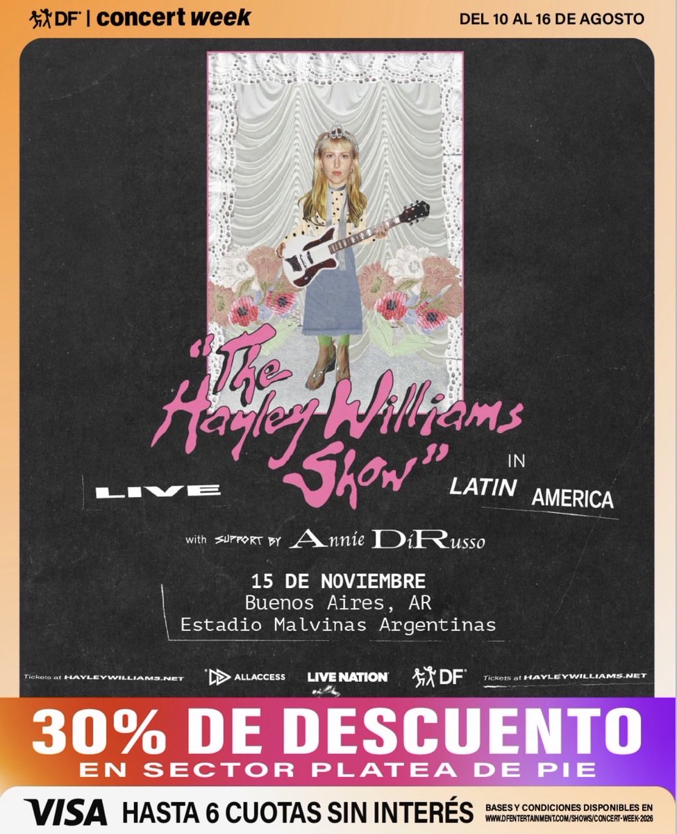 paramoreARG's tweet photo. 🎟️ ¡Atención! Solo 500 tickets fueron habilitados con 30% de descuento.

🔥 Quedan en $21.250, con posibilidad de pagar en 6 cuotas sin interés con tarjeta.

¡Aprovechá antes de que se agoten! 👀 https://t.co/2Jf0FM8yPt