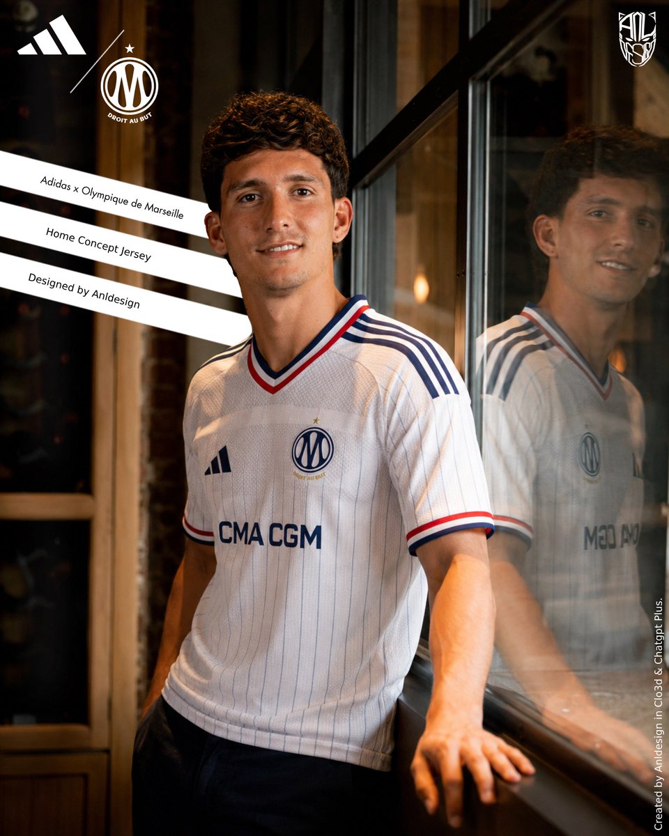 anldesign0's tweet photo. Olympique de Marseille × Adidas — Home Concept ⚪🔵

A tribute to Marseille’s identity, reimagined through the timeless language of Adidas.

For this home concept, I wanted to keep the iconic white base at the heart of the shirt while introducing subtle vertical pinstripes for a refined, classic football aesthetic. Navy details bring a deeper contrast to the traditional Marseille palette, while the red accents around the V-neck and sleeve cuffs add an unexpected vintage character.

Finished with the Three Stripes across the shoulders and the legendary “Droit au But” crest, the concept blends heritage, elegance and modern performance into one shirt.

Designed by Anldesign.

Would you wear this as an OM home shirt? 👀