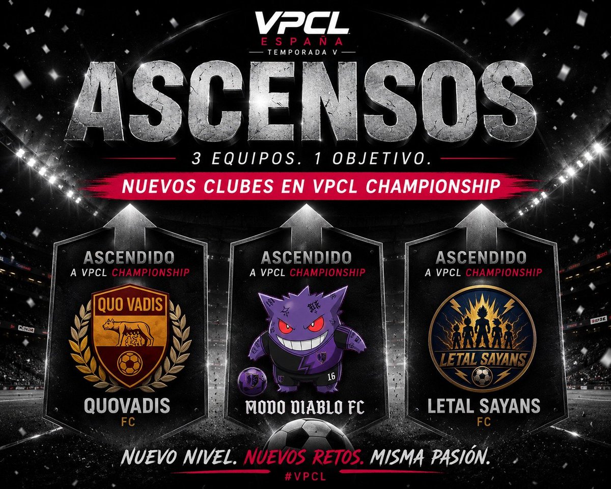 VPCL_Spain's tweet photo. 🚨ASCENSOS A VPCL CHAMPIONSHIP🚨

@QuoVadisEsports
@mododiablo_fc
@LetalSayans

Disputaran VPCL Championship en la Temporada VI de VPCL Spain.

Enhorabuena a los 3 equipos, os esperamos la próxima temporada.

#VPCL #TemporadaVI https://t.co/YFTYGq5Nmt