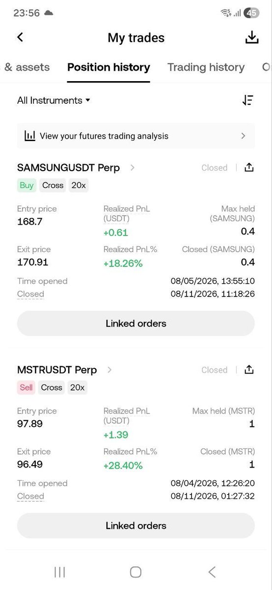 jadenxhin's tweet photo. Ngày thứ 8 (11/8/2026)
- Long $ICP và chốt luôn trong ngày +0.65u
- Chốt Long $SAMSUNG mở hôm 8/8 +0.65u
- Chốt Short $MSTR +1.39U
Mình mở thêm một số vị thế
- Short $MSTR , $WLFI
Hiện tại mình đang có 10 lệnh như sau
1. Short $WLFI  entry 0.05489
2. Short $MSTR entry 96.48
3. Long Bạc $XAG entry 65.29
4. Sell Dầu $BZ entry 85.89
5. Sell Dầu $CL entry 80.65
6. Long solana:So11111111111111111111111111111111111111112  entry 76.23
7. Short Microsoft $MSFT entry 497.83
8. Short Vàng $XAU entry 4307.4
9. Short NVIDIA $NVDA entry 217.89
10. Short #Bitcoin bitcoin:native entry 63793
Tài khoản hiện tại 107$ (+7%)