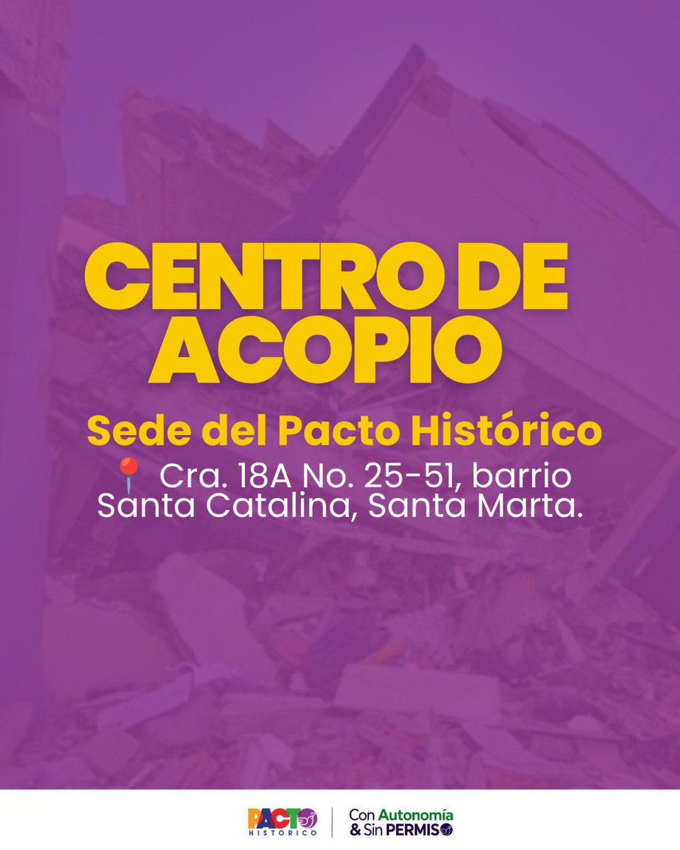 ColectivoY62385's tweet photo. 🇨🇴 Colombia nos necesita y nosotros respondemos.

Nos sumamos a la jornada de solidaridad por las familias afectadas por el sismo.

📍 Cra. 18A No. 25-51, Santa Catalina, Santa Marta.

❤️‍🩹🙏🏽 ¡Cada aporte cuenta! https://t.co/tvVwixHrFh