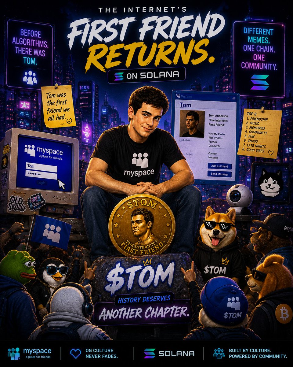 TheHustler_m1l's tweet photo. Before crypto communities, there was MySpace.
Before algorithms, there was Tom.
Before followers, there were friends. 🖥️🤝

The OG internet culture is entering the Solana era.

Meet $TOM. https://t.co/dDRbowGO6r