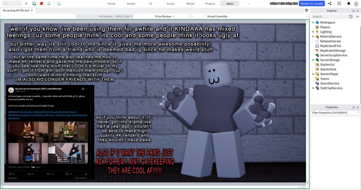 Bloxidal's tweet photo. [ STRAWPAGE REQUEST ] 
How do you add paws into your roblox renders in roblox studio? 
Did you make them or is it something like pre-made already ?

premade paw models.. 
but the way i got them might be KINDA problematic so idk.. hope not

#robloxGFX #robloxfurry #paws #strawpage https://t.co/pfMBZ8HJ67
