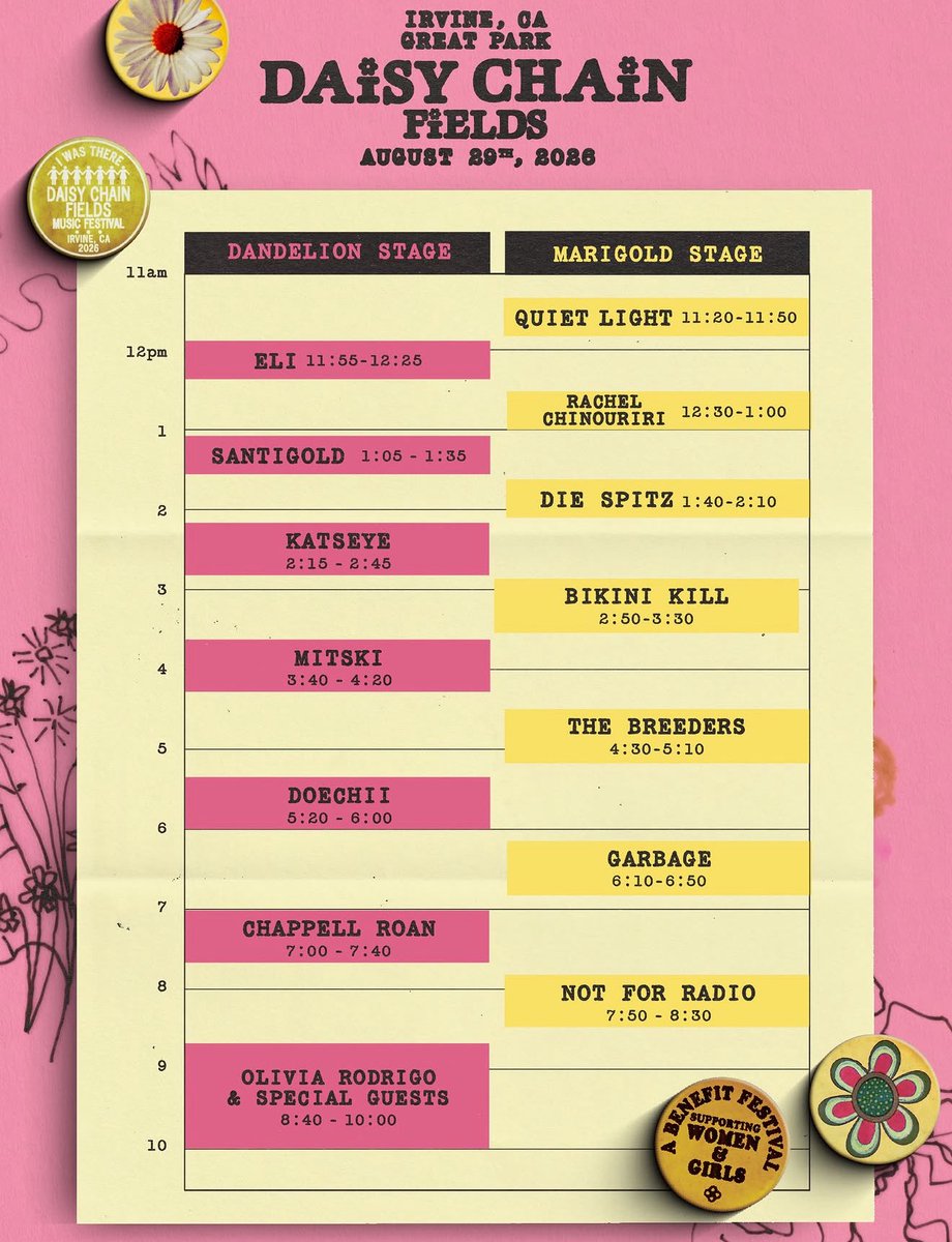 concertleaks's tweet photo. Set times for Daisy Chain Fields have been announced, with a “Olivia Rodrigo &amp; Special Guests” set closing out the festival! https://t.co/gZPayAF78Q