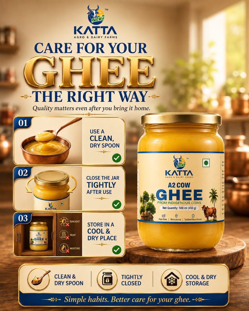 Katta_Farms's tweet photo. How to store ghee properly?
3 simple habits:
1. Use a clean, dry spoon.
2. Keep the jar tightly closed.
3. Store it properly.
Better ghee care starts with small kitchen habits.
Know More : https://t.co/Redds3PNKp
#Ghee #GheeStorage #KattaFarms https://t.co/yVYQPT0Je4