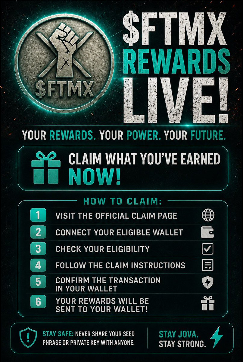trustyourasett's tweet photo. 🚨 $FTMX REWARDS ! WAVE 1 IS LIVE! ⚡️

The first wave of community rewards is here! 

🗓️ Claim deadline: August 25, 2026

HOW TO CLAIM:
1️⃣ Visit https://t.co/vTqtkQA4b6
2️⃣ Connect your eligible wallet
3️⃣ Check your allocation
4️⃣ Follow the claim steps & confirm

Claim: https://t.co/vTqtkQA4b6

🛣️ Roadmap: Wave 1 → Community Rewards | Wave 2 → Ecosystem Growth | Wave 3 → Utility & Expansion

⚡️ Wave 1 is only the beginning.

🔐 Never share your seed phrase/private key or send funds to unlock a reward.

$FTMX #FTMX #JovaChain