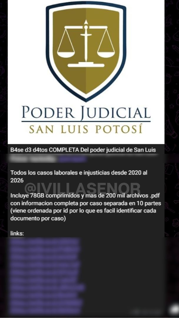 ivillasenor's tweet photo. 🚨 | TRAS NEGAR ATAQUE, FILTRAN MÁS DE 200 MIL DOCUMENTOS DEL PODER JUDICIAL DE SLP

El pasado 7 de agosto fueron filtrados más de 27 mil expedientes del @PJESLP, que señaló que no había encontrado evidencia de una extracción masiva, pese a que todos los archivos eran ACCESIBLES para cualquier persona que tuviera la liga correspondiente.

En ese momento, el ciberdelincuente conocido como Arcepah aseguró que tenía acceso en tiempo real a los sistemas. Y, después de la respuesta de las autoridades, optó por realizar una filtración de mucho mayor peso para demostrar que tenía acceso total.

En total son 10 ligas, cada una con documentos de expedientes laborales que datan de 2020 a 2026. Hablamos de 78 GB de información que se encuentran COMPLETAMENTE EXPUESTOS.

Y no solo son los expedientes, sino todo lo que contienen: credenciales del INE y documentos de identificación personal, cédulas profesionales, nombres, domicilios, teléfonos y muchísima más información.

Estos datos pueden ser utilizados para fraudes de suplantación de identidad, extorsiones y, bueno, no quisiera dar ejemplos concretos. El punto es que los documentos están ahí y cuentan con todos los sellos que permiten VALIDAR SU AUTENTICIDAD.

El Poder Judicial podrá argumentar que no existe evidencia de que sus sistemas hayan sido vulnerados, pero entonces ¿de dónde salieron estos 200 mil documentos? Esa es la pregunta que deben contestar, porque ahí están y cualquiera podría validarlo.