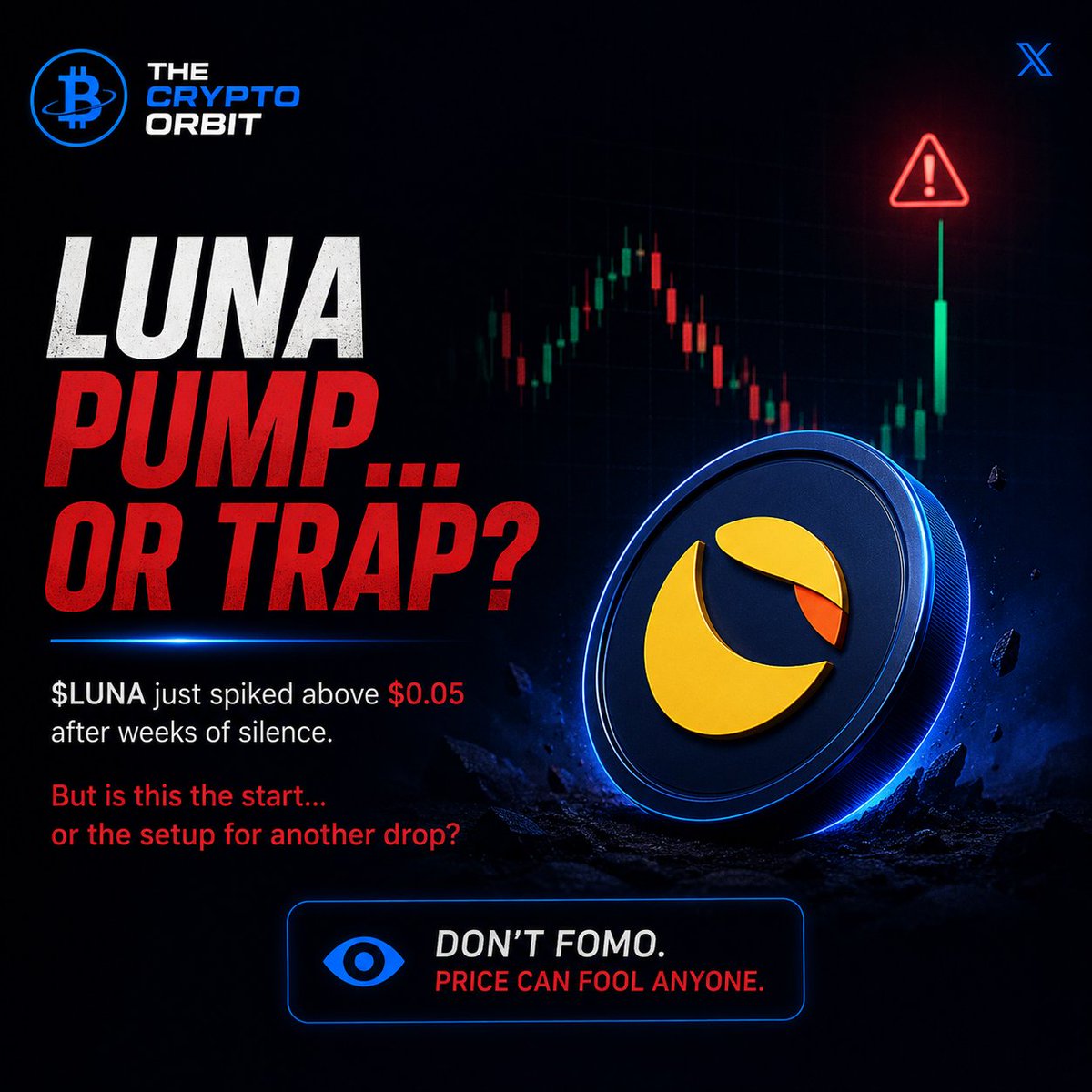 Crypto_orbit06's tweet photo. 🚨 $LUNA IS SHOWING SIGNS OF A BREAKOUT
LUNA has just made a massive move from around $0.041 → $0.050+, backed by a huge volume spike.
The interesting part? 👀
After weeks of consolidation near the $0.040–$0.043 zone, LUNA finally pushed higher and reclaimed the $0.05 area.
📊 Key levels to watch:
• $0.05 — immediate resistance / breakout zone
• $0.06 — next psychological level
• $0.08 — first major target
• $0.10 — potential breakout milestone
• $0.12–$0.15 — bullish continuation
• $0.20 — aggressive 6-month target
🎯 My 6-Month Bullish Targets:
$0.08 → $0.10 → $0.12 → $0.15 → $0.20
If LUNA can maintain volume and hold above the breakout zone, the next few months could get very interesting.
But if $0.05 fails and price falls back below the breakout area, this move could turn into a fakeout.
Crypto is volatile — these are speculative targets, not guaranteed prices.
Is $LUNA ready for a bigger move? 👀🚀