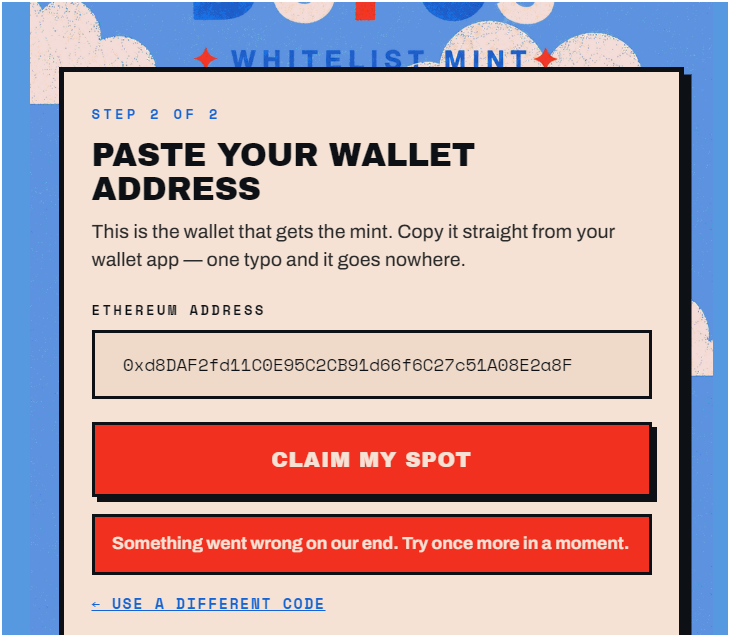 possible985's tweet photo. What’s going on? The wallet isn’t submitting. I’ve tried multiple times, but it still isn’t working. Please check and let me know what the issue is @THEBUFOS https://t.co/LxDEOUOasH
