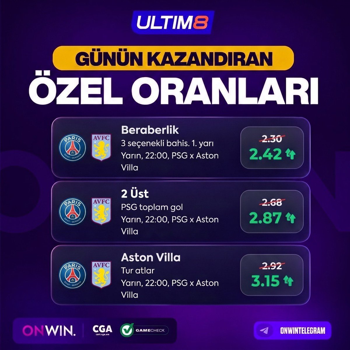onwinx_sosyal's tweet photo. ❤️🩹 Günün Kazandıran Yüksek Özel Oranları!
😎 PSG – Aston Villa maçına özel ve diğer karşılaşmalara özel yükseltilmiş oranlar yayında!
💰 Kuponunu oluştur; kaybetsen bile 1750 TL'ye kadar çevrimsiz Freebet kazan!
#onwin #denemebonusu https://t.co/JE5ALc0Uww