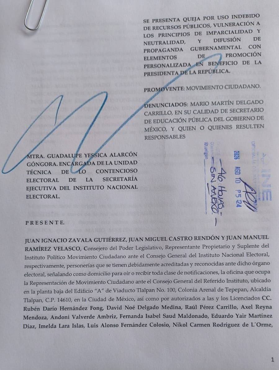 azucenau's tweet photo. 🔴Movimiento Ciudadano denunció ante el INE al secretario de Educación Pública, Mario Delgado, por presunta violación a la Constitución, luego de que calificara la beca Rita Cetina como un “regalo” de la presidenta Claudia Sheinbaum.

📷 @JZavalaGt https://t.co/87gTqDTzGg