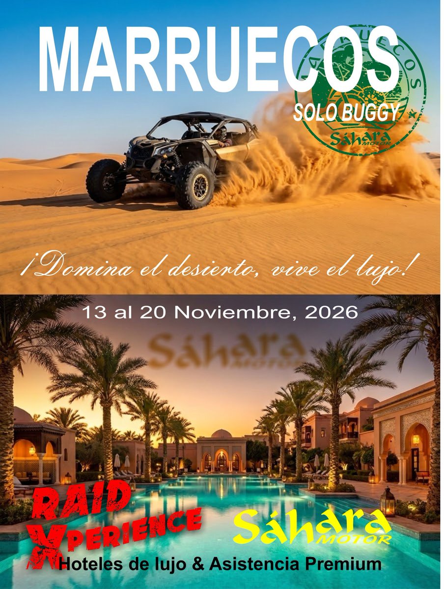SaharaMotor's tweet photo. 🏜️ Puro off-road, sin límites.
8 días. Dunas interminables. Hoteles de lujo y asistencia premium en cada etapa.
Marruecos te espera del 13 al 20 de noviembre — y esta vez lo vives en buggy.
¿Te apuntas al Raid Xperience? 🔥
📩 Info y plazas: sahara@saharamotor.com

#SaharaMotor https://t.co/3yKbX4mhwn